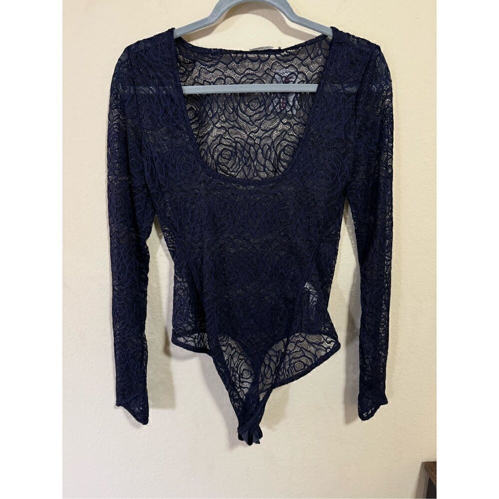 Free People Black Blue Sheer Lace Long Sleeve Bodysuit S - Picture 4 of 8
